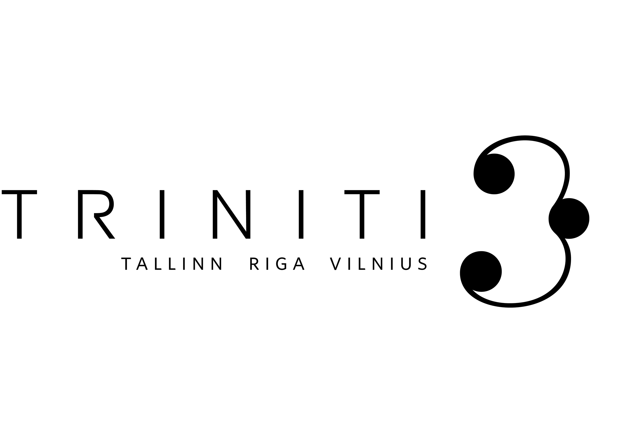Logo for Trinti with stylized text and a design of connected circles, indicating locations Tallinn, Riga, and Vilnius.