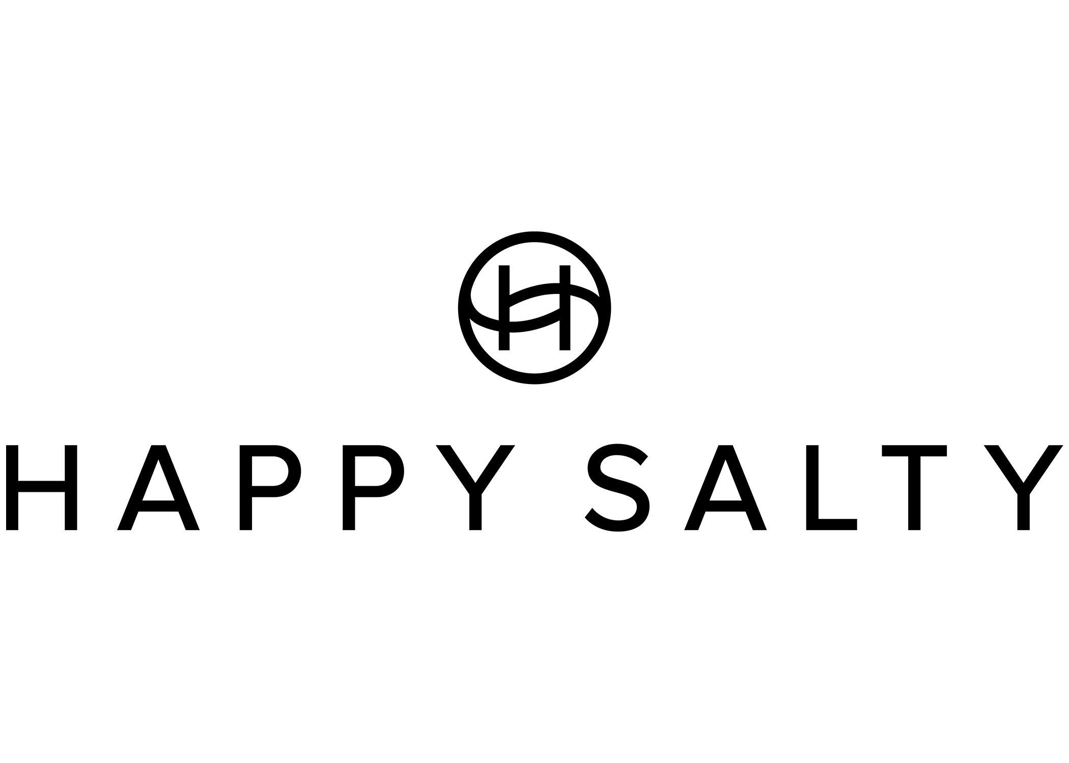 Black logo featuring a circular emblem with interconnected lines and dots above the bold text 'HAPPY SALTY' on a white background.