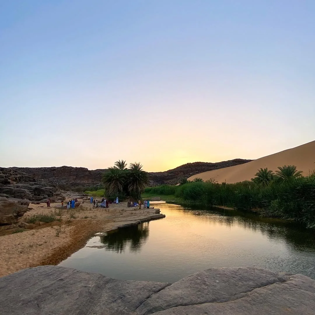 Un paysage désertique avec une oasis, des palmiers, une rivière et des dunes de sable au coucher du soleil.