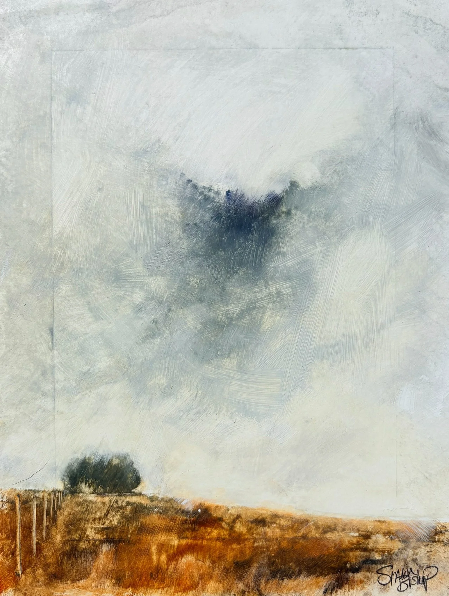 A landscape painting depicting a partly cloudy sky, a lone tree, and a wooden fence in a field with grass, signed by the artist in the bottom right corner.