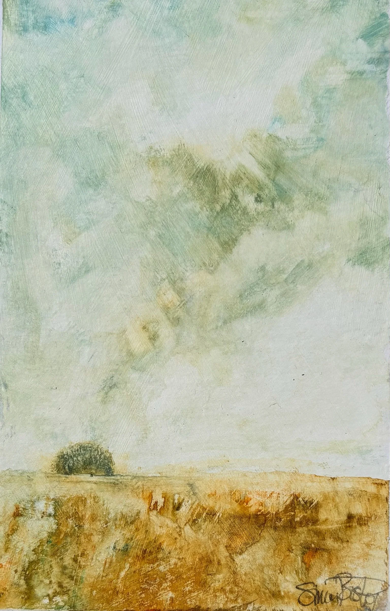 An abstract painting with a mixture of soft green, beige, and brown tones, featuring a small silhouette of a tree on the horizon and a dark, rounded bush in the foreground. The artist's signature is in the bottom right corner.