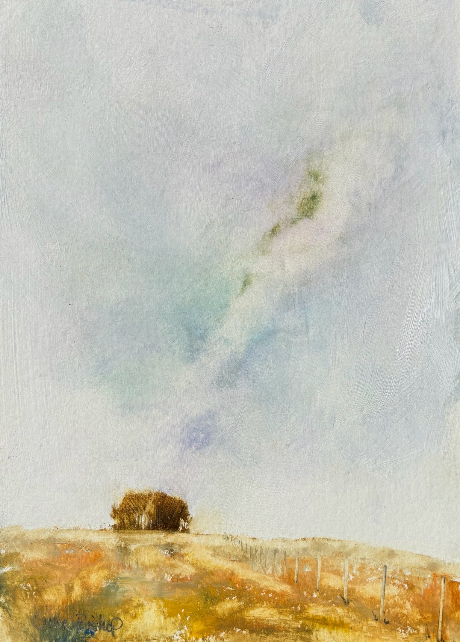 A watercolor painting of a landscape featuring a clear sky, a small group of trees, a brown field, and a dirt fence in the foreground.