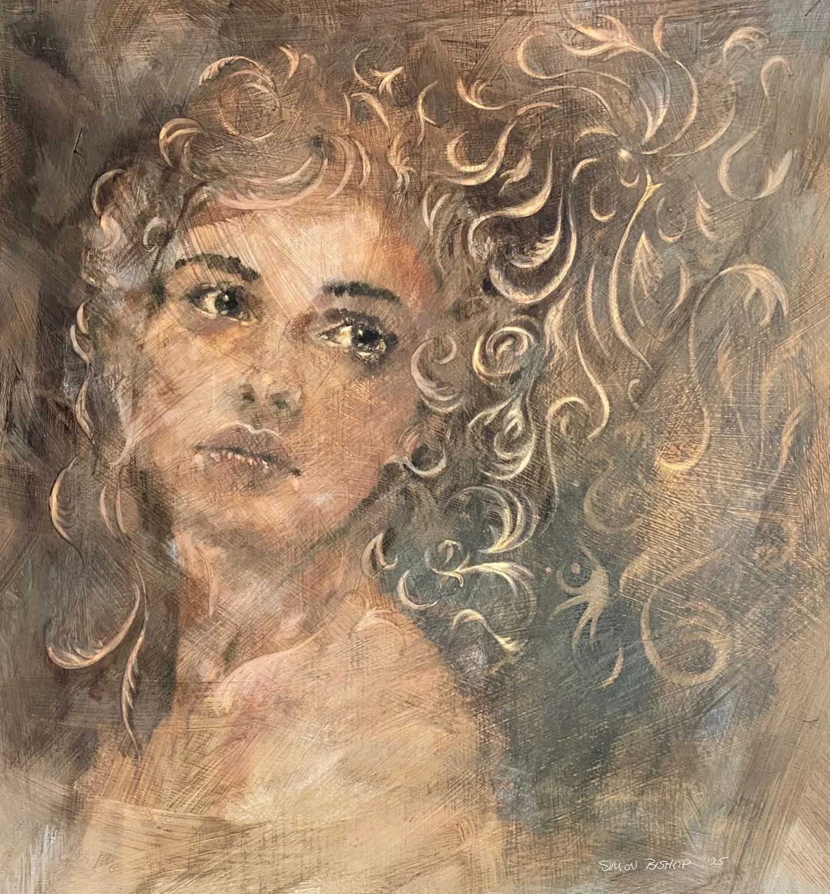Close-up of a textured oil painting of a woman's face with curly hair, signed by Silou Bishop.