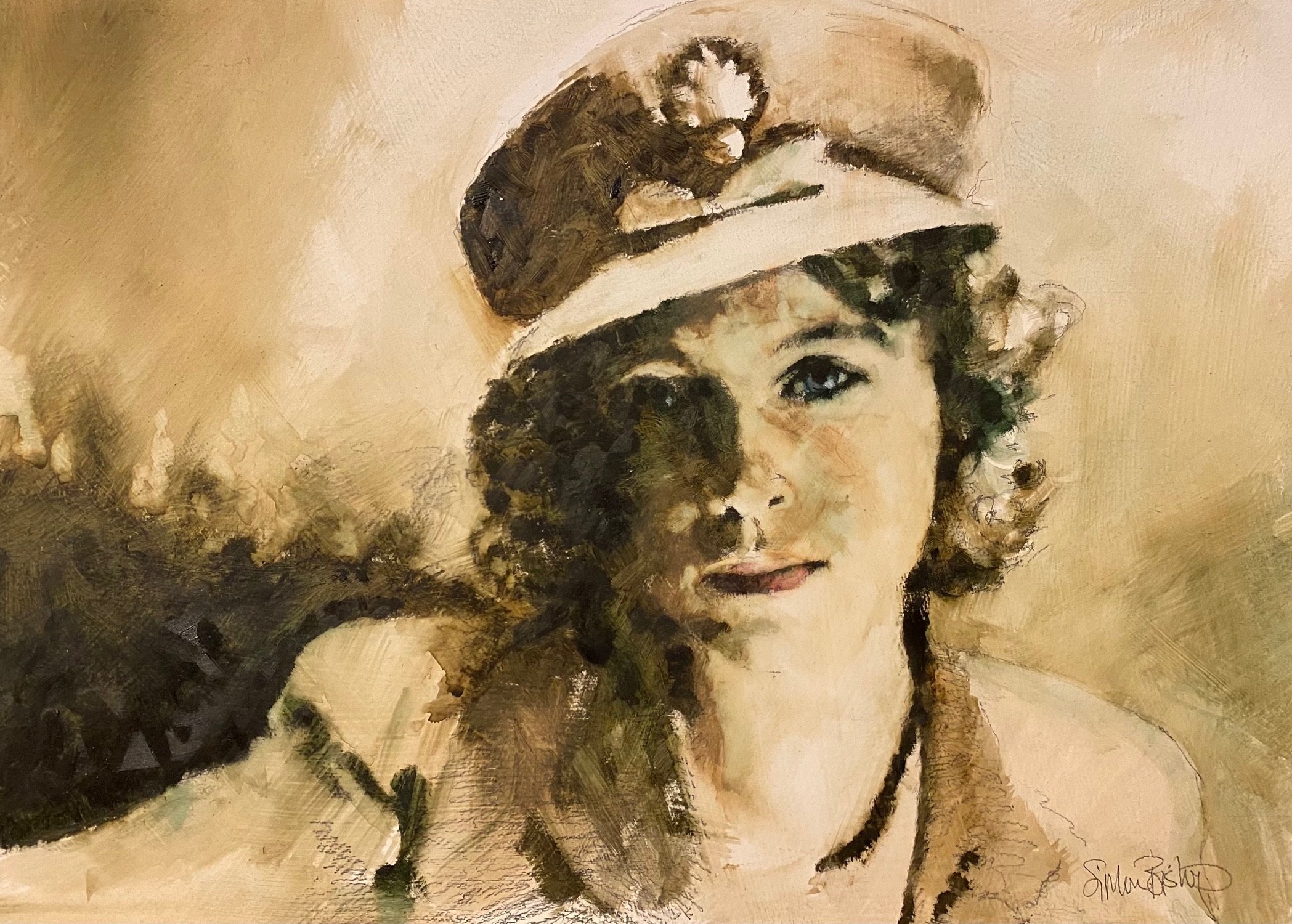 A watercolor painting of a woman with curly hair, one eye visible, wearing a hat, holding a black cat with a fish in its mouth.