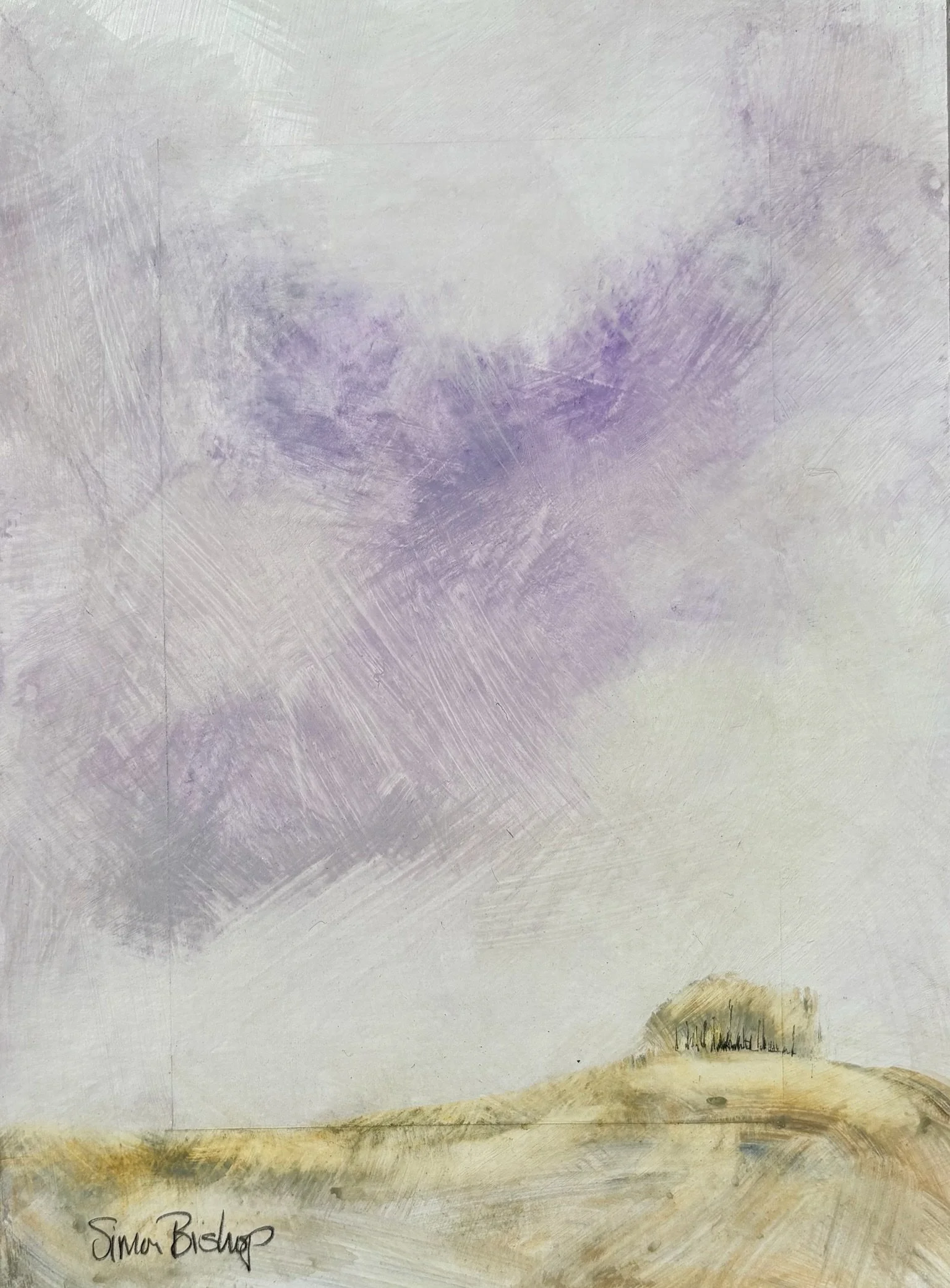 An abstract landscape painting with a pale, cloudy sky and a grassy field with small bushes at the horizon. The artist's signature, Simon Bishop, is visible in the lower left corner.