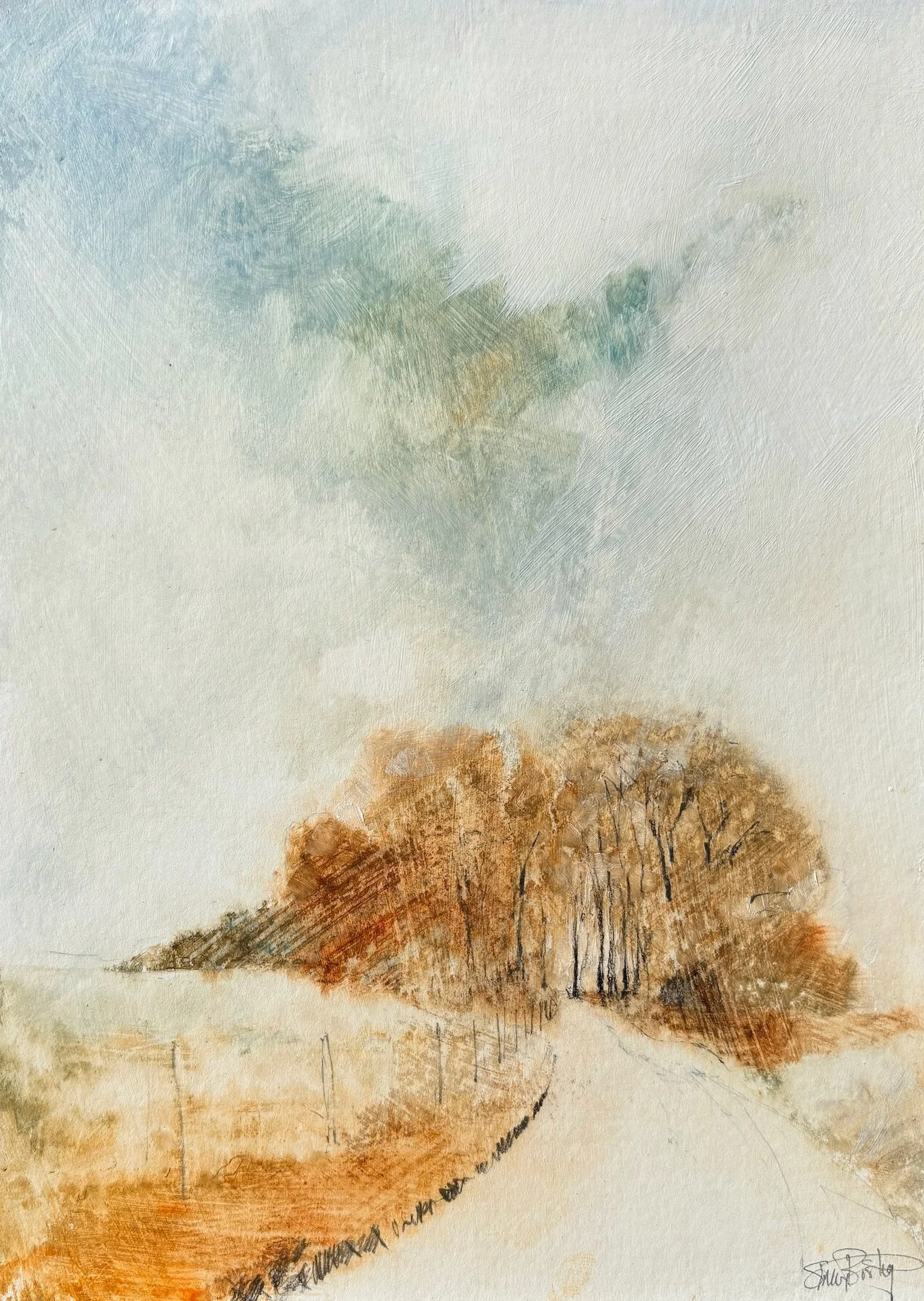 Abstract watercolor painting of a landscape with trees and a hill, featuring muted earth tones and soft blending of colors.