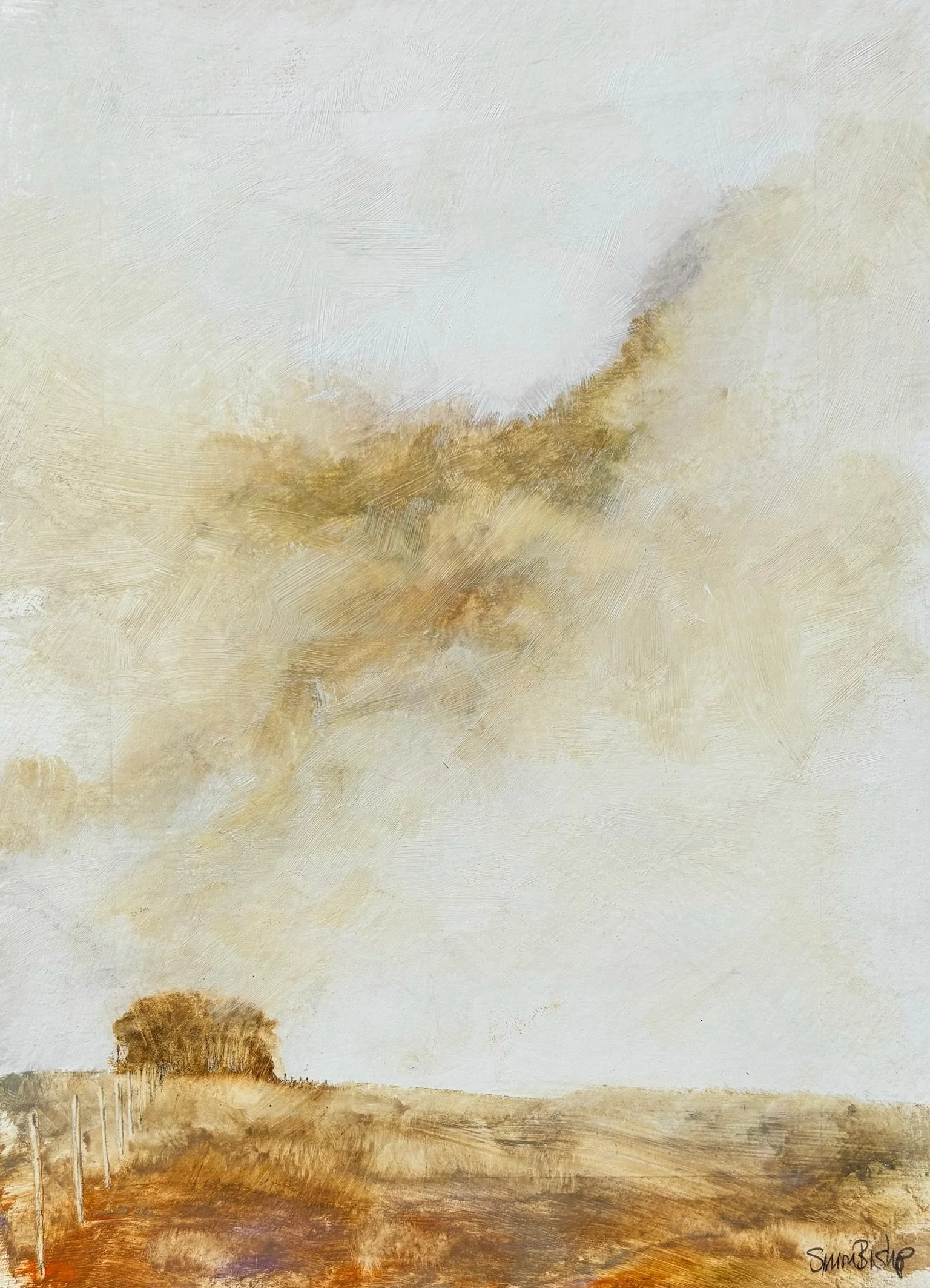 A landscape watercolor painting featuring a solitary tree on a flat terrain with a distant horizon and a cloudy sky.