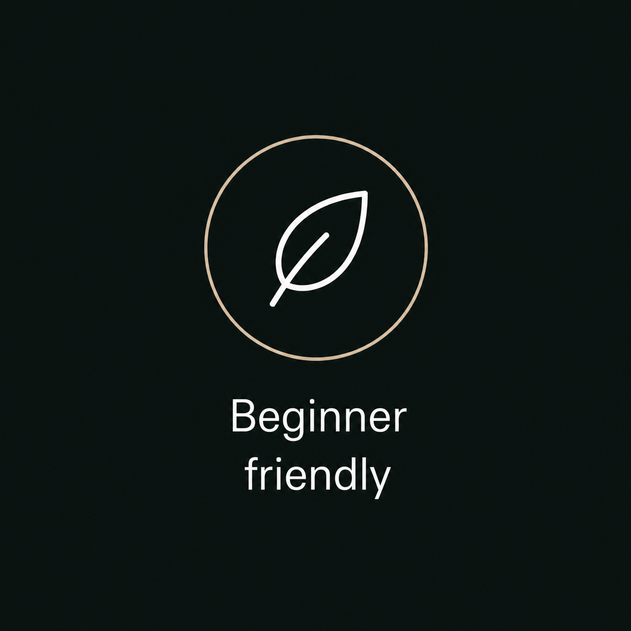 A dark screen with a white leaf icon enclosed in a circle and the words "Beginner friendly" below.