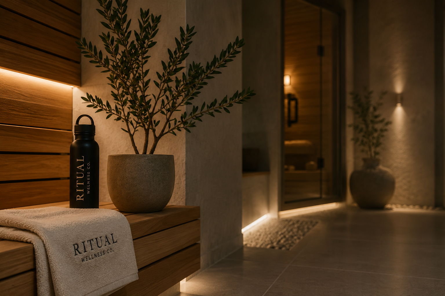 A spa or wellness center with warm lighting, wooden accents, a stone vase with a leafy plant, a water bottle labeled 'Ritual Wellness Co.', and a towel with the same brand name, in front of a glass door leading to a sauna or steam room.