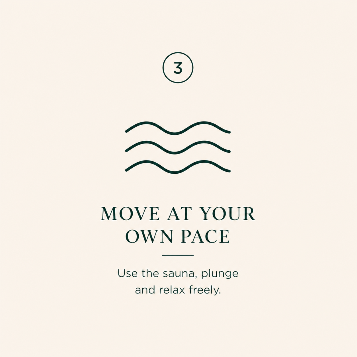 Sign with the number 3, waves symbol, and instructions to move at your own pace, use the sauna, plunge, and relax freely.