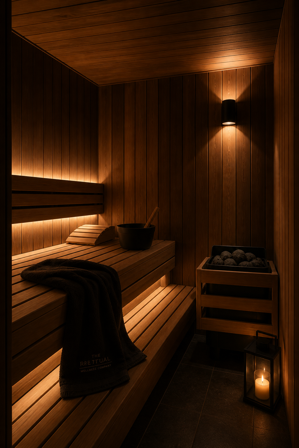 Interior of a wooden sauna room with bench seating, a bucket with a ladle, a towel draped over the bench, a container with stones, and a lit candle on the floor.