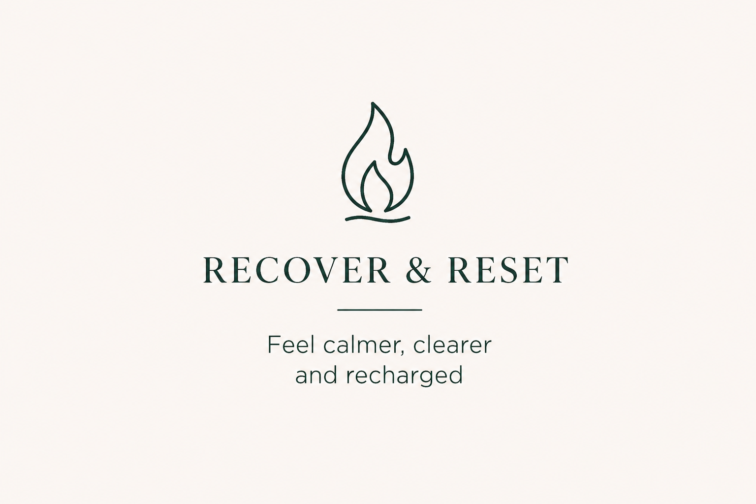 Minimalist logo with a flame icon above the text "RECOVER & RESET" and a tagline "Feel calmer, clearer and recharged" on a light background.