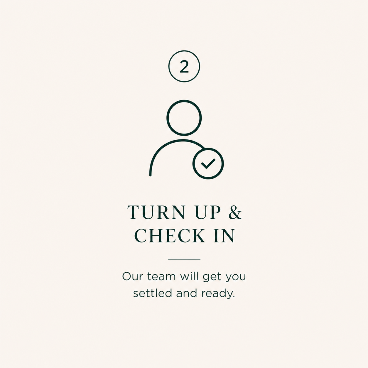 Illustration of a person with a checkmark badge, numbered 2, with text "Turn Up & Check In" and a message "Our team will get you settled and ready."