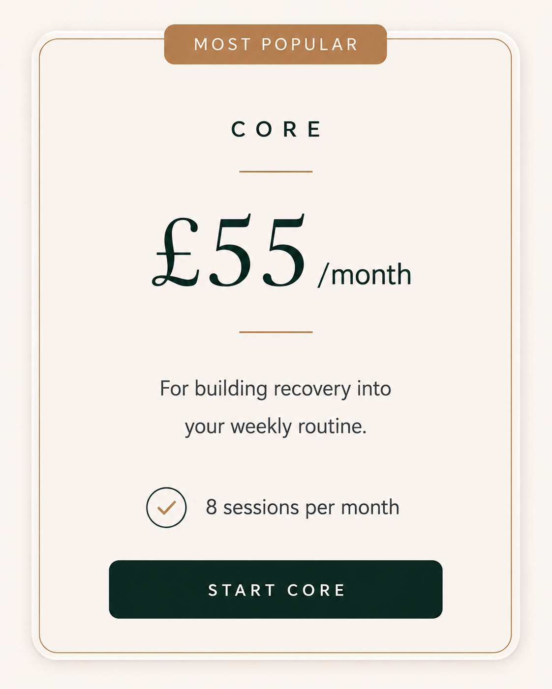 Subscription pricing plan for Core at 55 pounds per month, with 8 sessions, labeled as most popular.