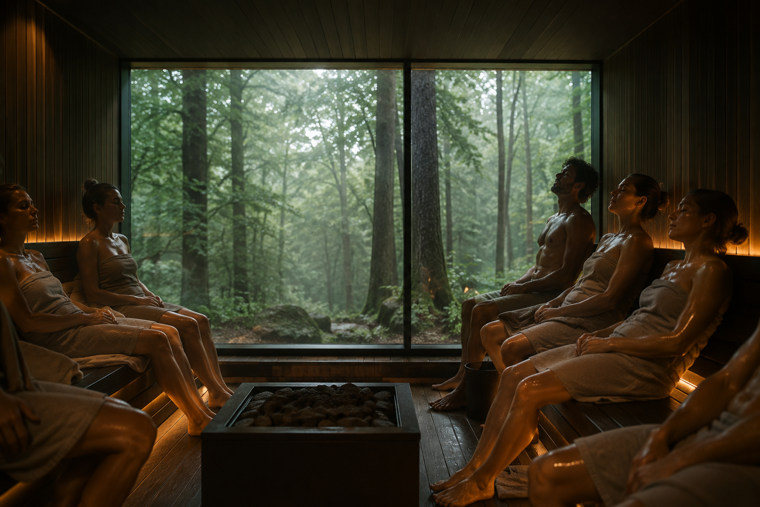 People receiving a sauna treatment in a wood-paneled room with large window views of a lush green forest.