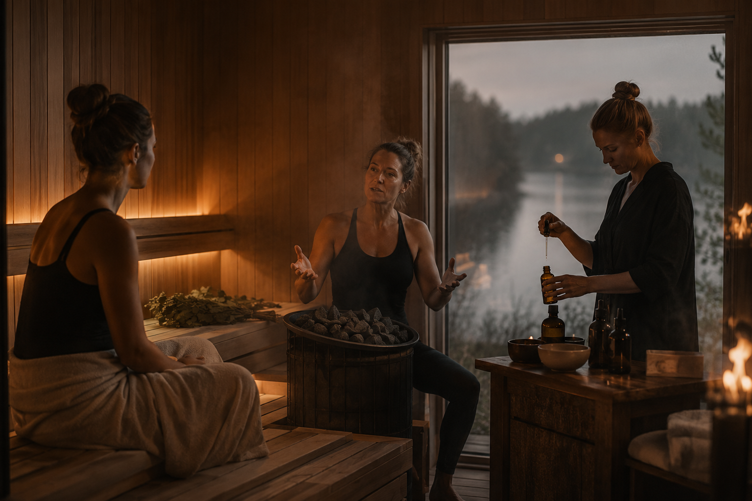 Three women in a wooden sauna room, two sitting and one standing, having a conversation, with one woman holding a bottle and dropper, and a sauna heater with rocks.