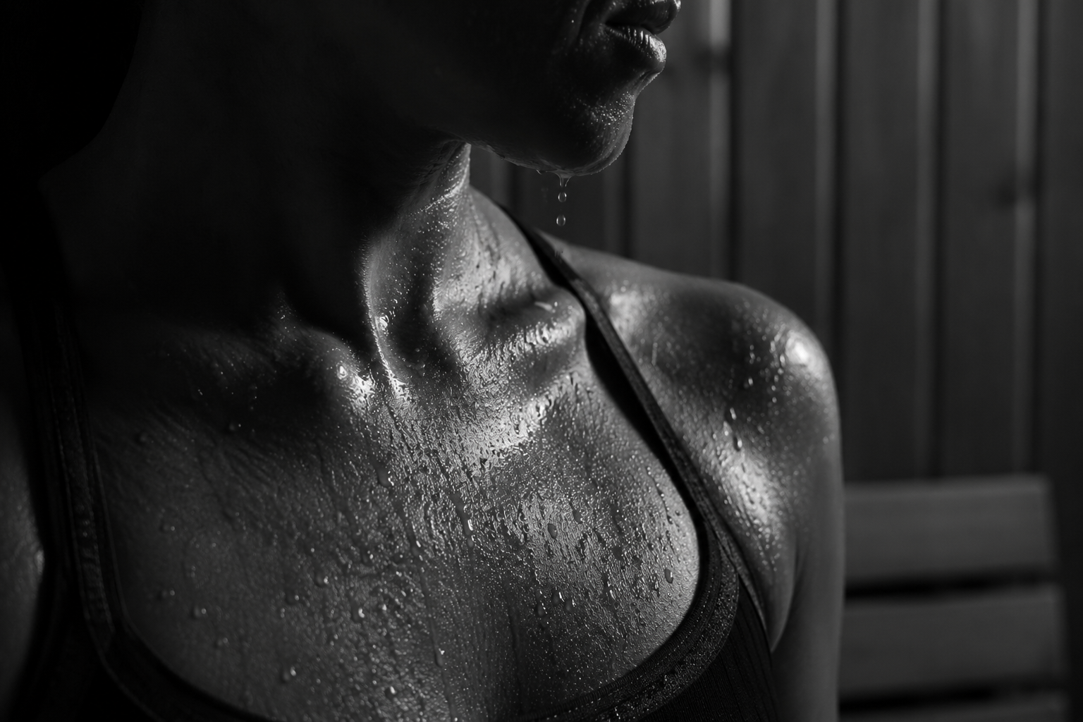 Close-up of a woman's wet face and shoulder, with water droplets on her skin, against a wooden background, in black and white.