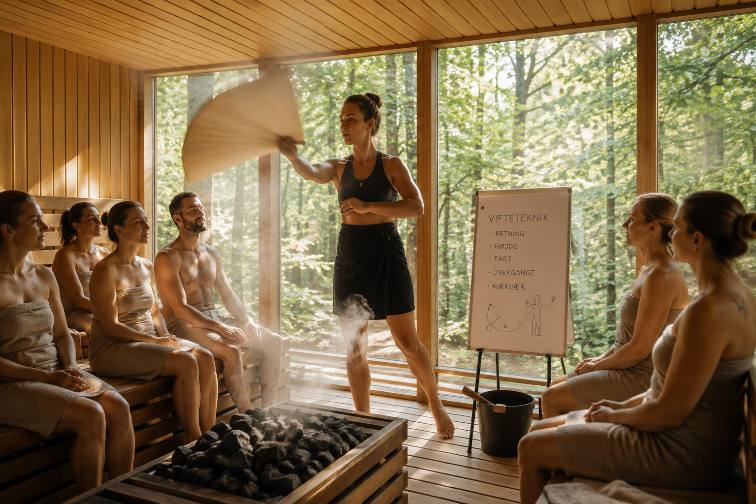 A woman conducts a sauna session for five people seated on wooden benches, with towel wraps. She waves a towel in front of a whiteboard with Danish text about technical sauna aspects, inside a sauna room surrounded by large windows overlooking a forest.
