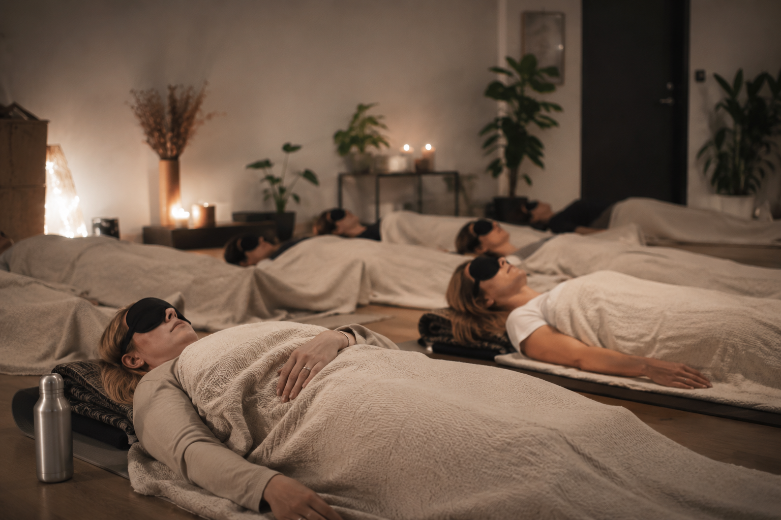 Women lying on yoga mats in a serene, dimly lit room, practicing meditation with blackout eye masks. The room features candles, potted plants, and calming decor.