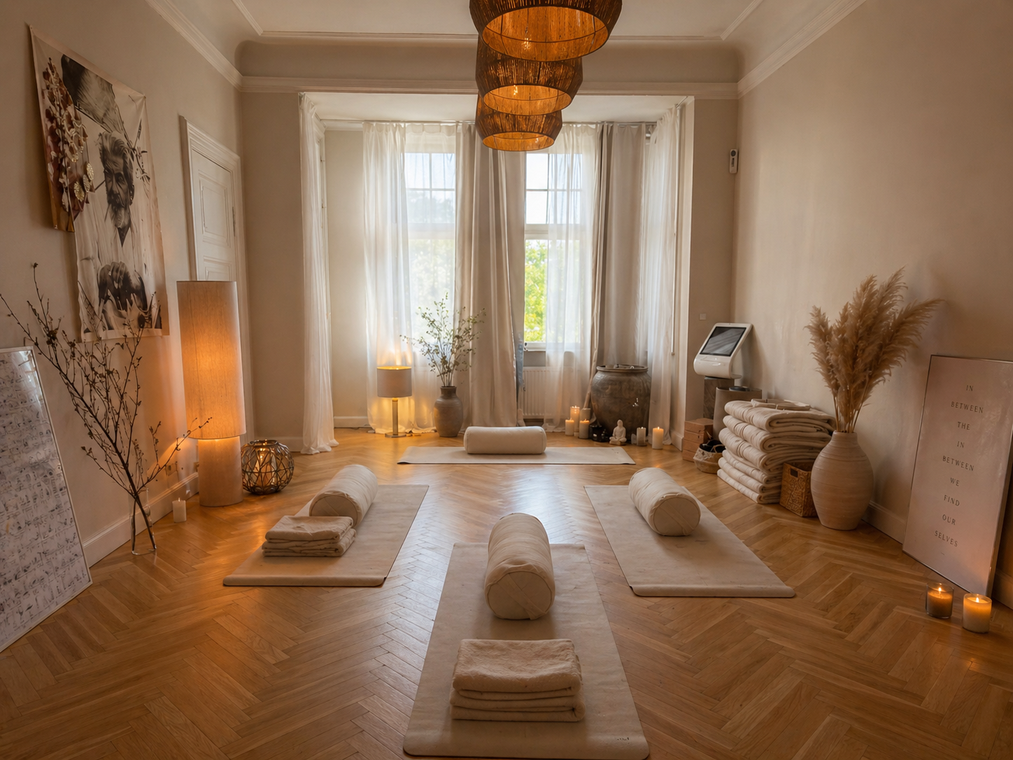 A cozy and peaceful yoga or meditation studio with natural light, wooden floors, and minimalist decor. The room has mats, bolsters, towels, candles, and plants, creating a calming atmosphere for relaxation and mindfulness.