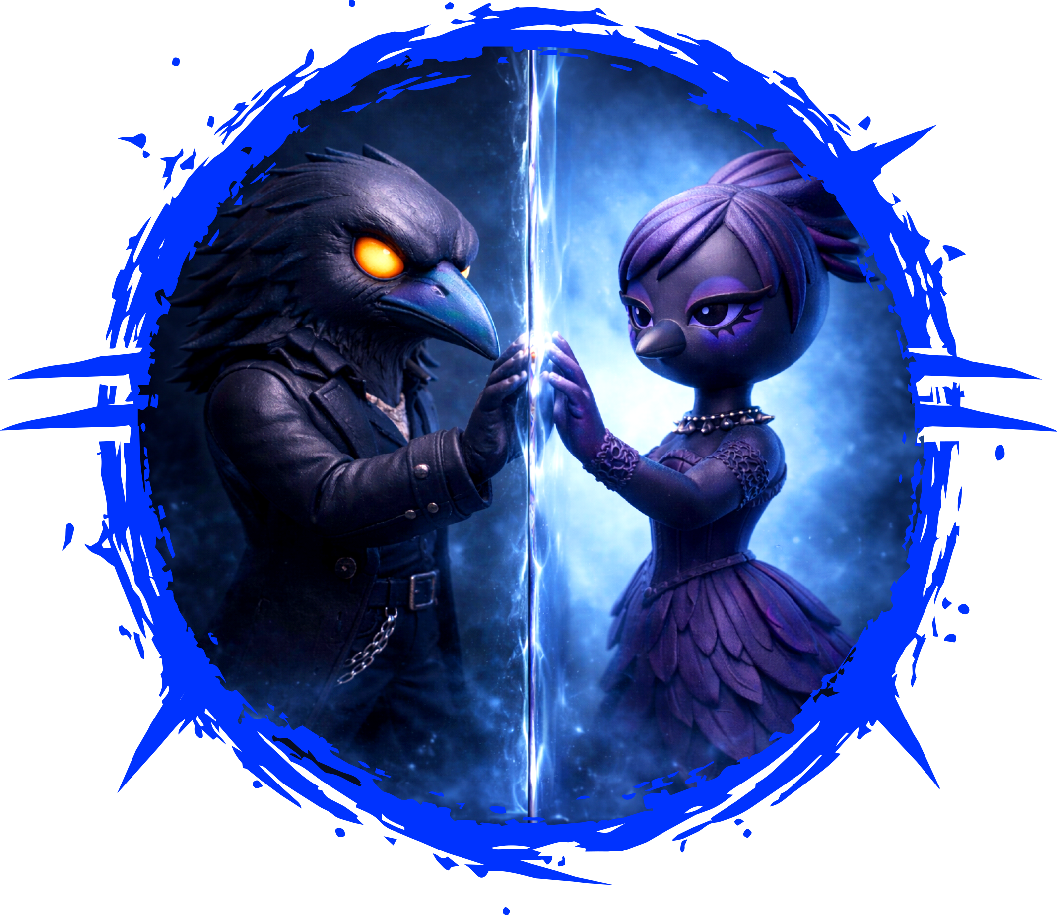 Two animated characters, a bird-like creature with a dark feathered head and glowing yellow eyes, and a female elf-like character with purple hair and large eyes, touching foreheads with a glowing blue light between them in a cosmic background.