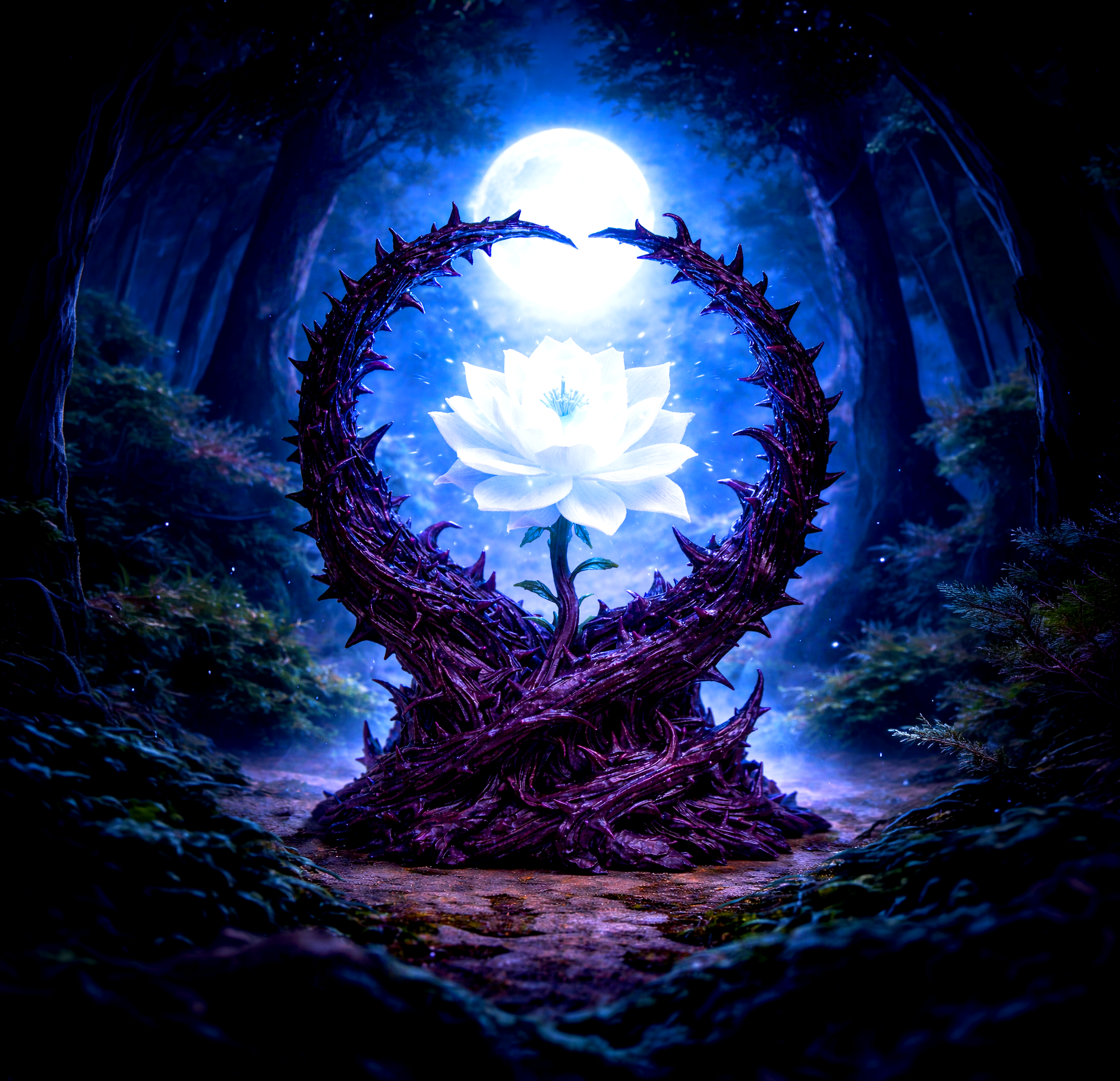 A glowing white lotus flower in front of a circular thorny metal ring, under a full moon in a dark, dense forest with tall trees.