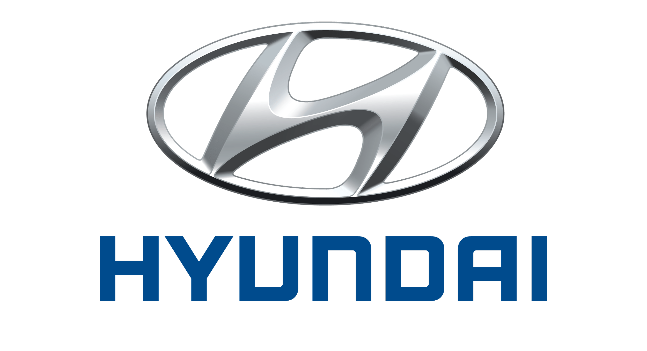 Logo Hyundai avec écrit dessous Hyundai en lettres bleues sur fond noir.
