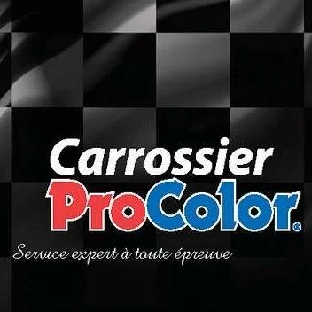 Logo de Carrossier ProColor avec slogan "Service expert à toute épreuve" sur fond noir avec motifs en forme de carreaux