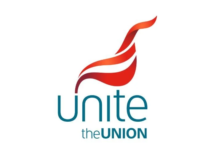 Logo with red stylized flame above the words 'unite the UNION' in blue text.