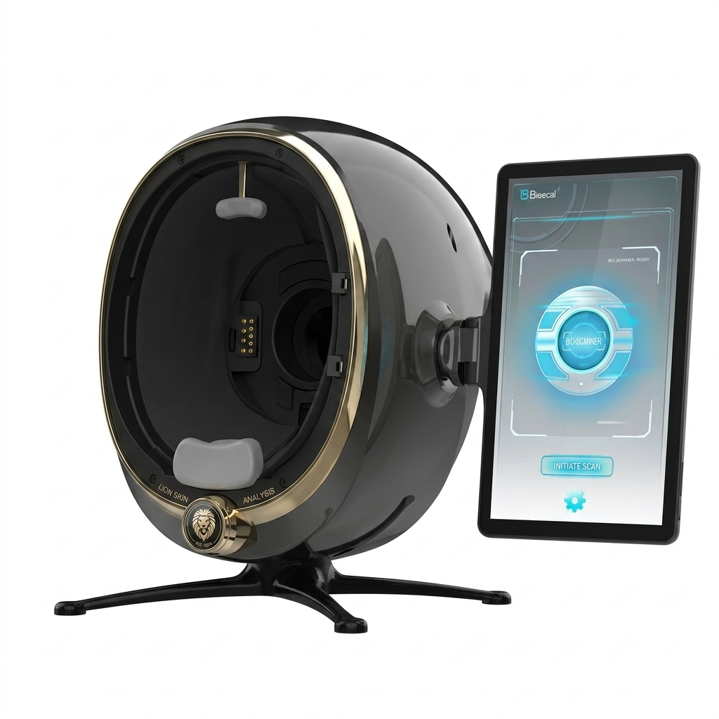 A modern medical or diagnostic device with a circular opening, a digital tablet attached, and a screen displaying a scanning interface for biometric analysis.