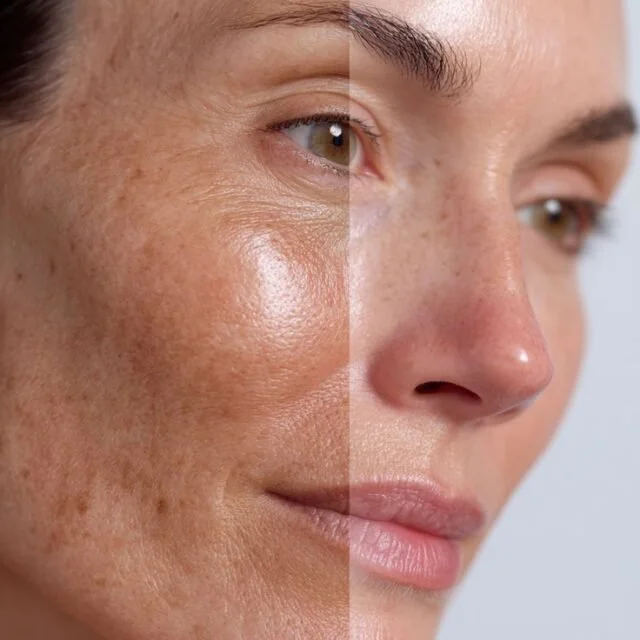 Close-up of a woman's face showing a comparison of skin with hyperpigmentation on the left and clearer skin on the right.