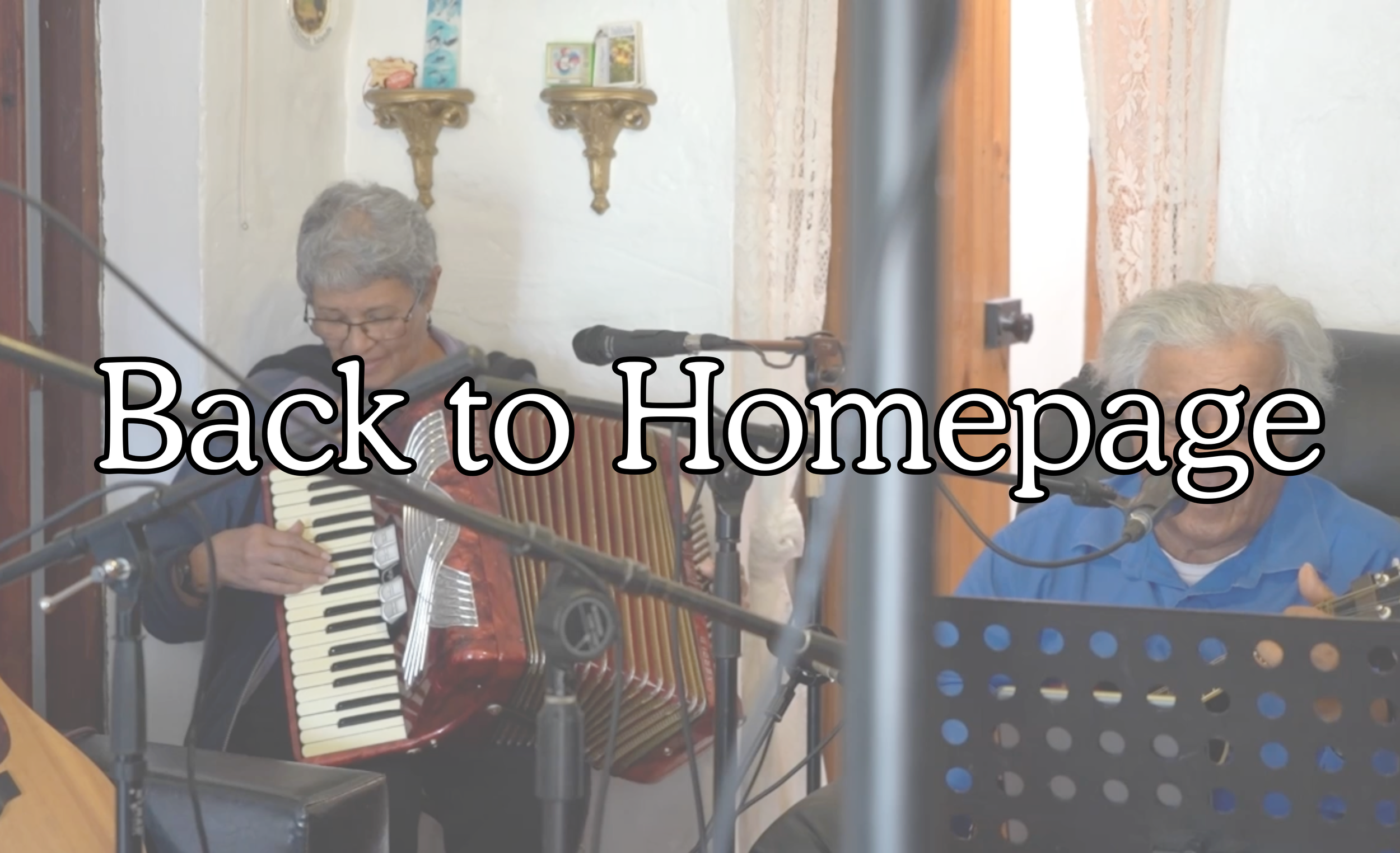Two elderly individuals playing musical instruments in a room with decorative shelves on the wall and curtains on the windows. The text 'Back to Hompage' is overlaid on the image.