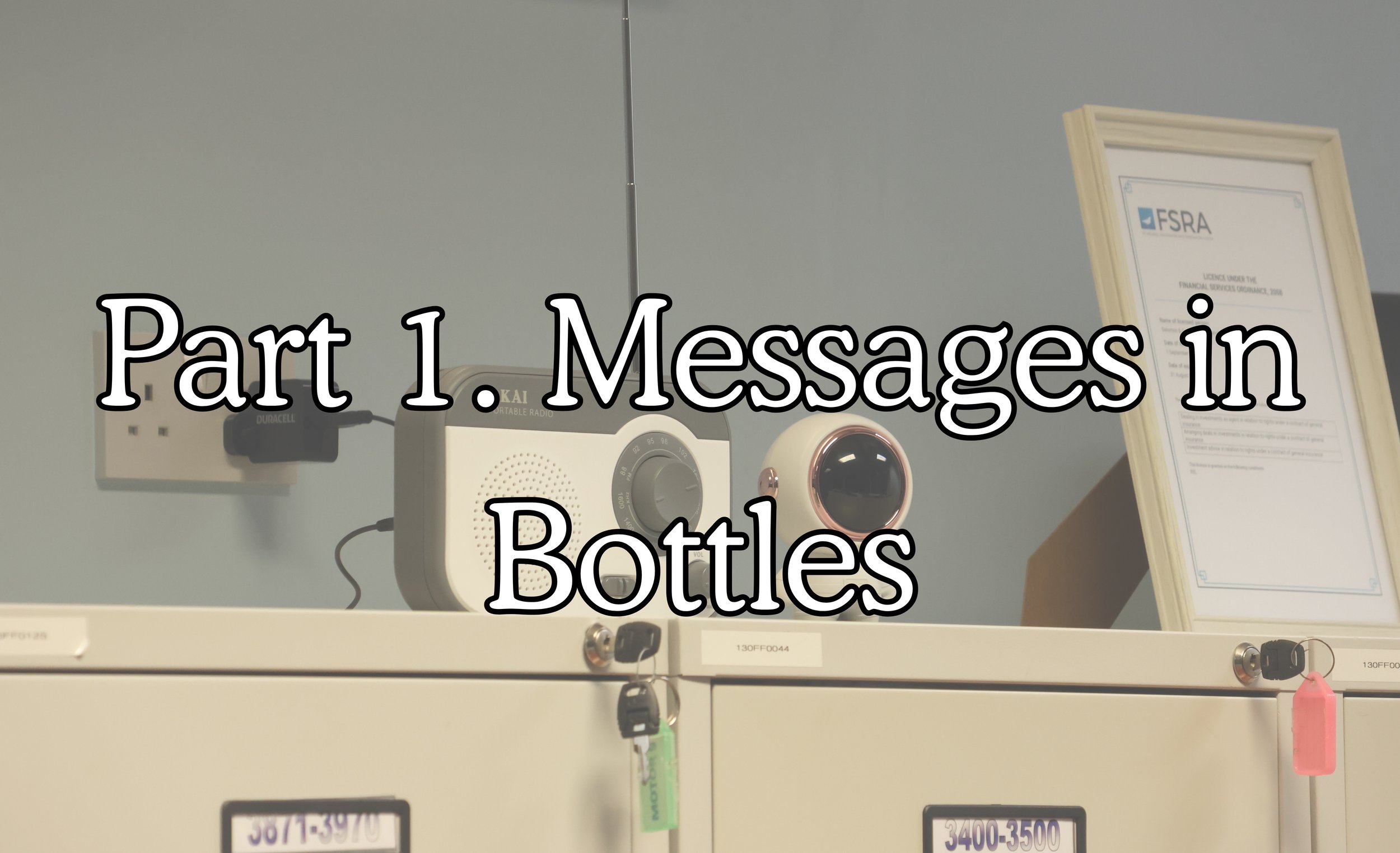 Shelf with various bottles and containers, a framed certificate, and electrical outlets.