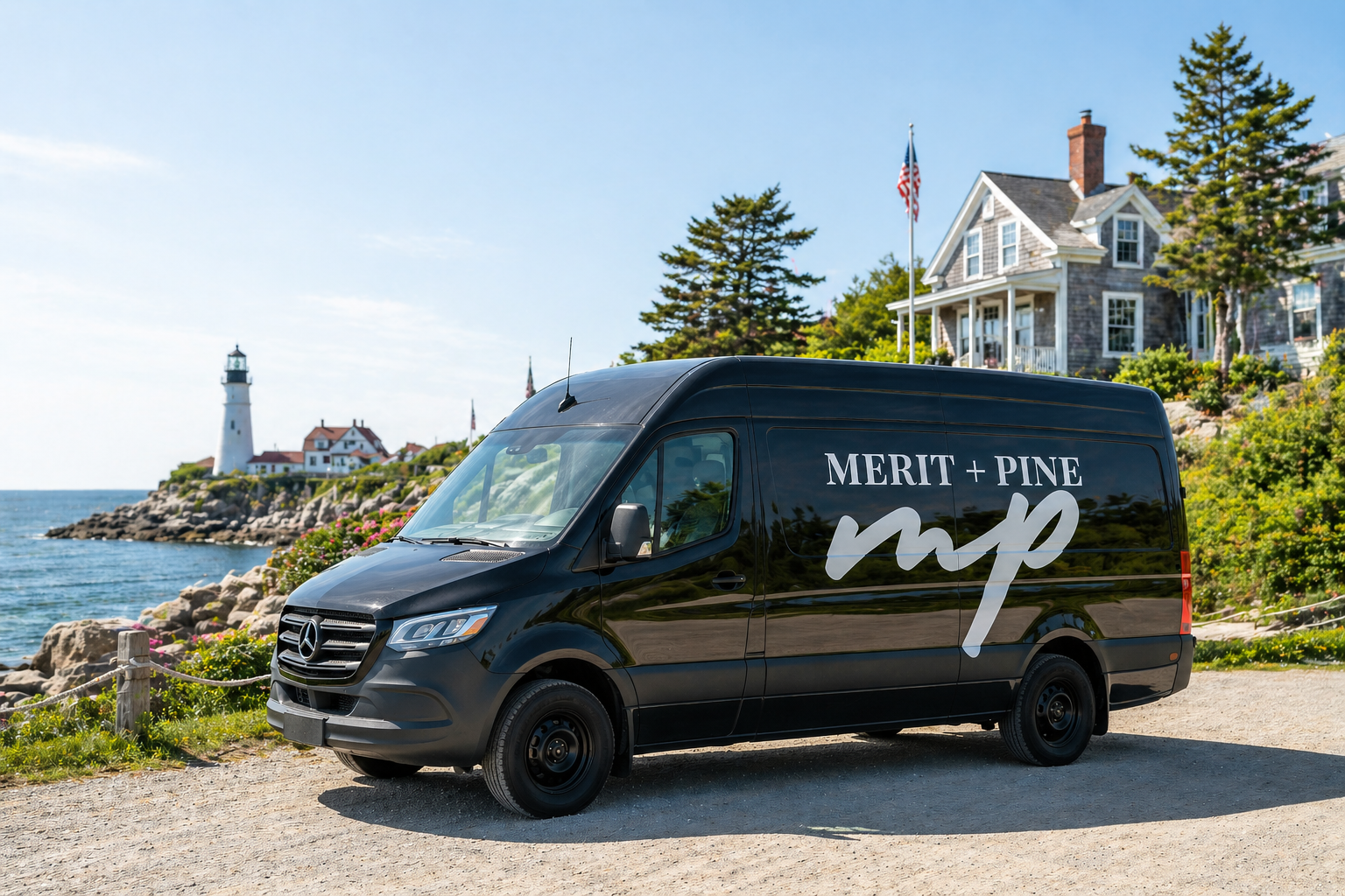 Black Mercedes-Benz van with Merit's Pine logo parked near a coastal landscape with a lighthouse, rocky shoreline, and houses, on a sunny day.