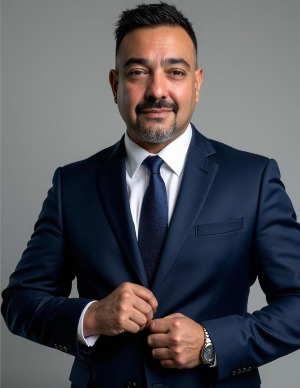 A man in a dark blue suit, white shirt, and blue tie, standing against a plain gray background, looking confidently at the camera.