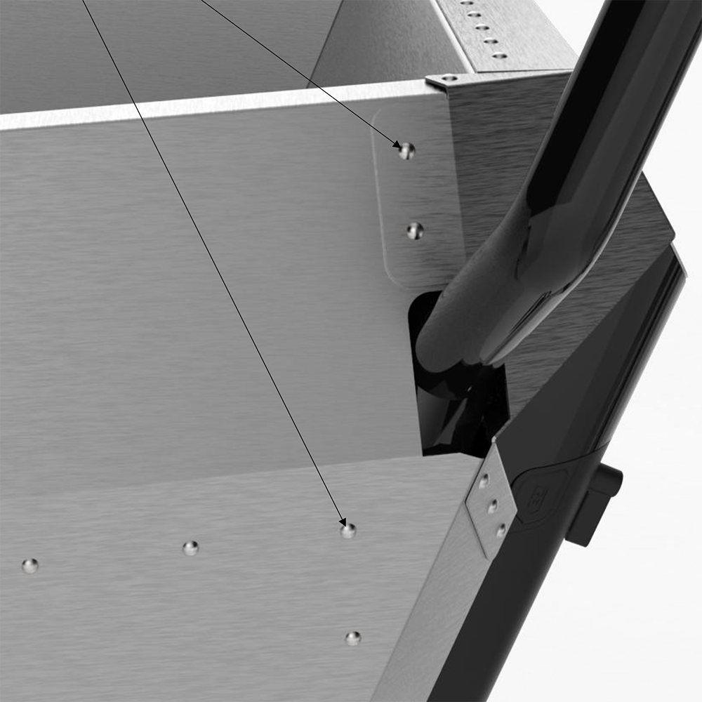 Close-up of a metallic cash register drawer with visible screws and a black handle.