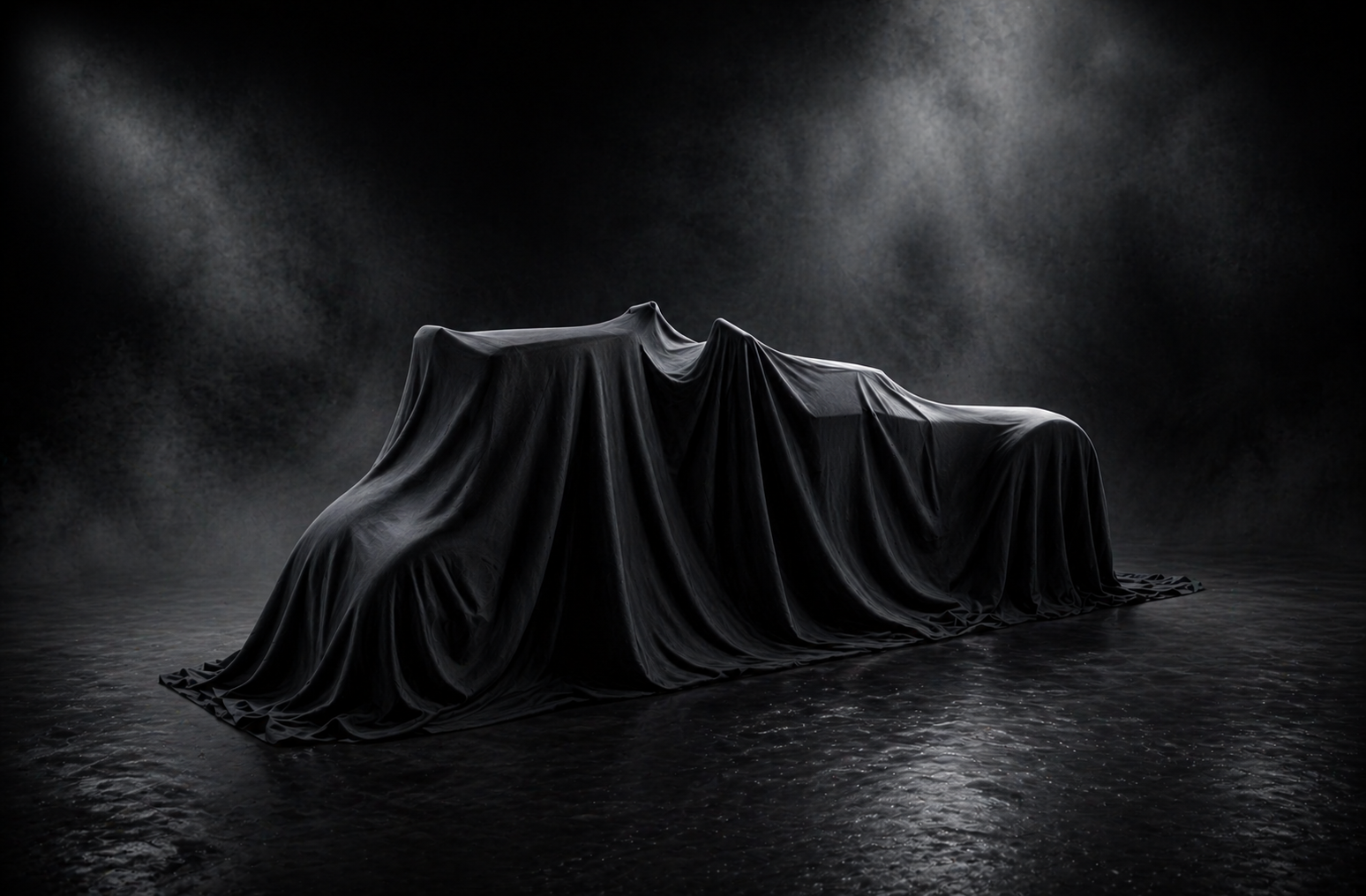 A car covered with black draped cloth, likely for a reveal or unveiling, set against a dark, smoky background.