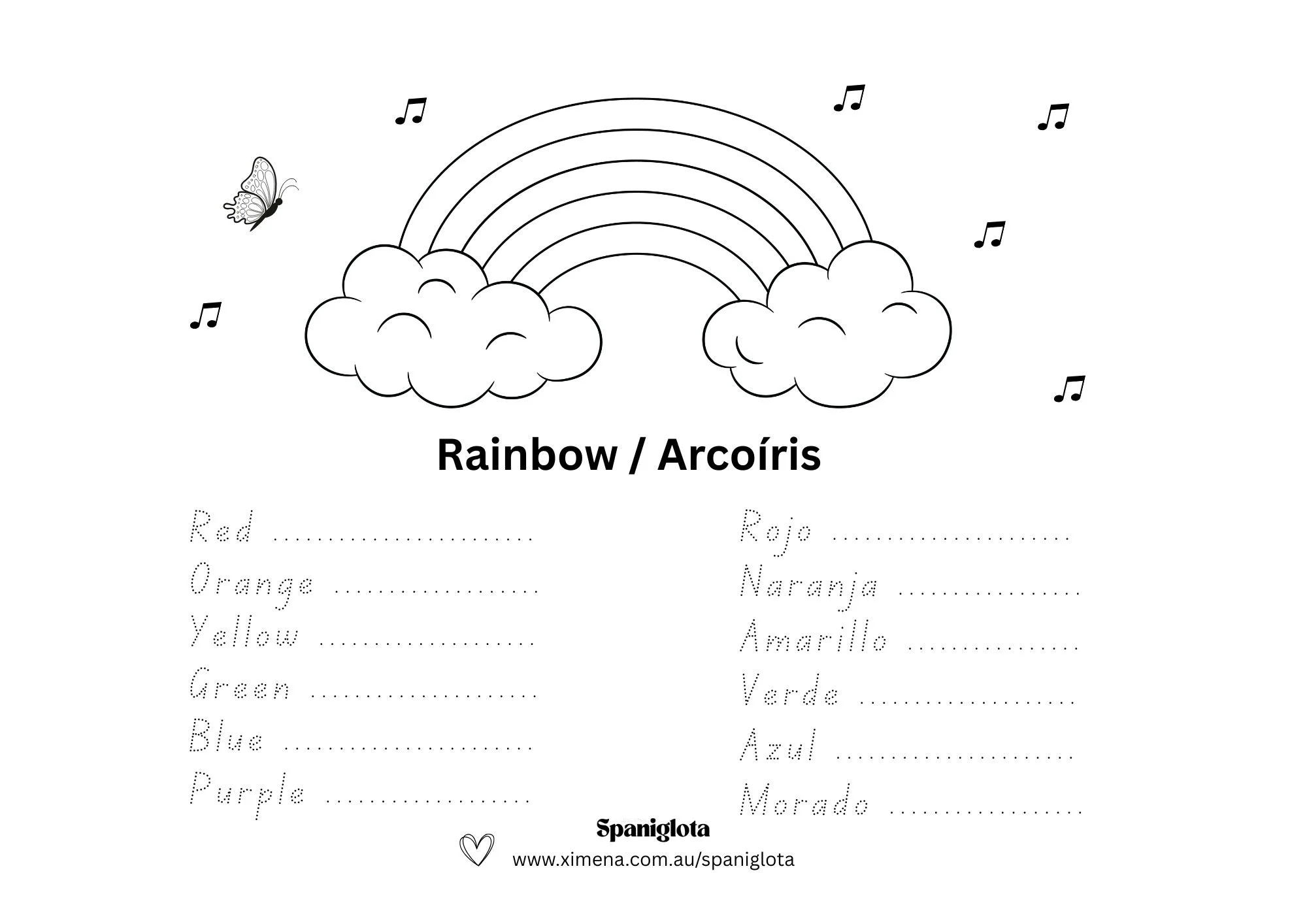 A black and white coloring page features a rainbow with clouds on each end, surrounded by musical notes and a butterfly, labeled 'Rainbow / Arcoíris,' with color names in English and Spanish and a website address at the bottom.