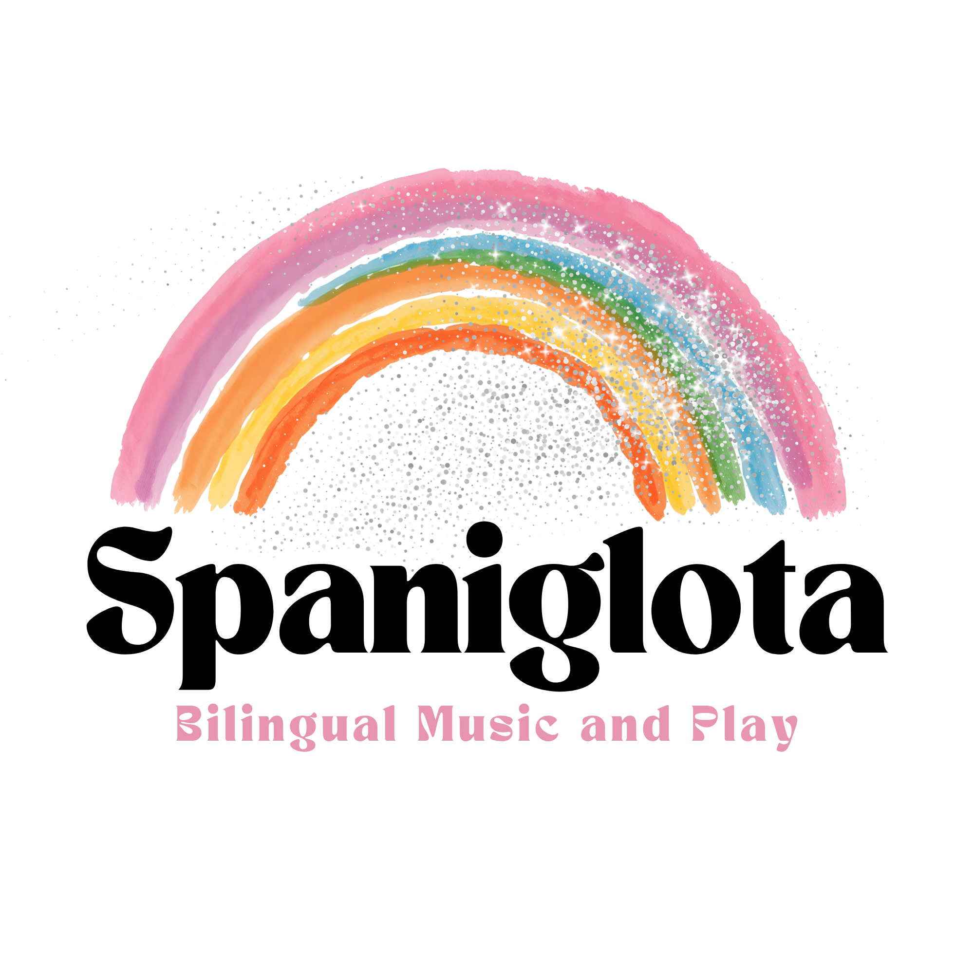 Colorful rainbow with pink, orange, yellow, green, blue, and purple arcs accented with white sparkles and dots over a black background.