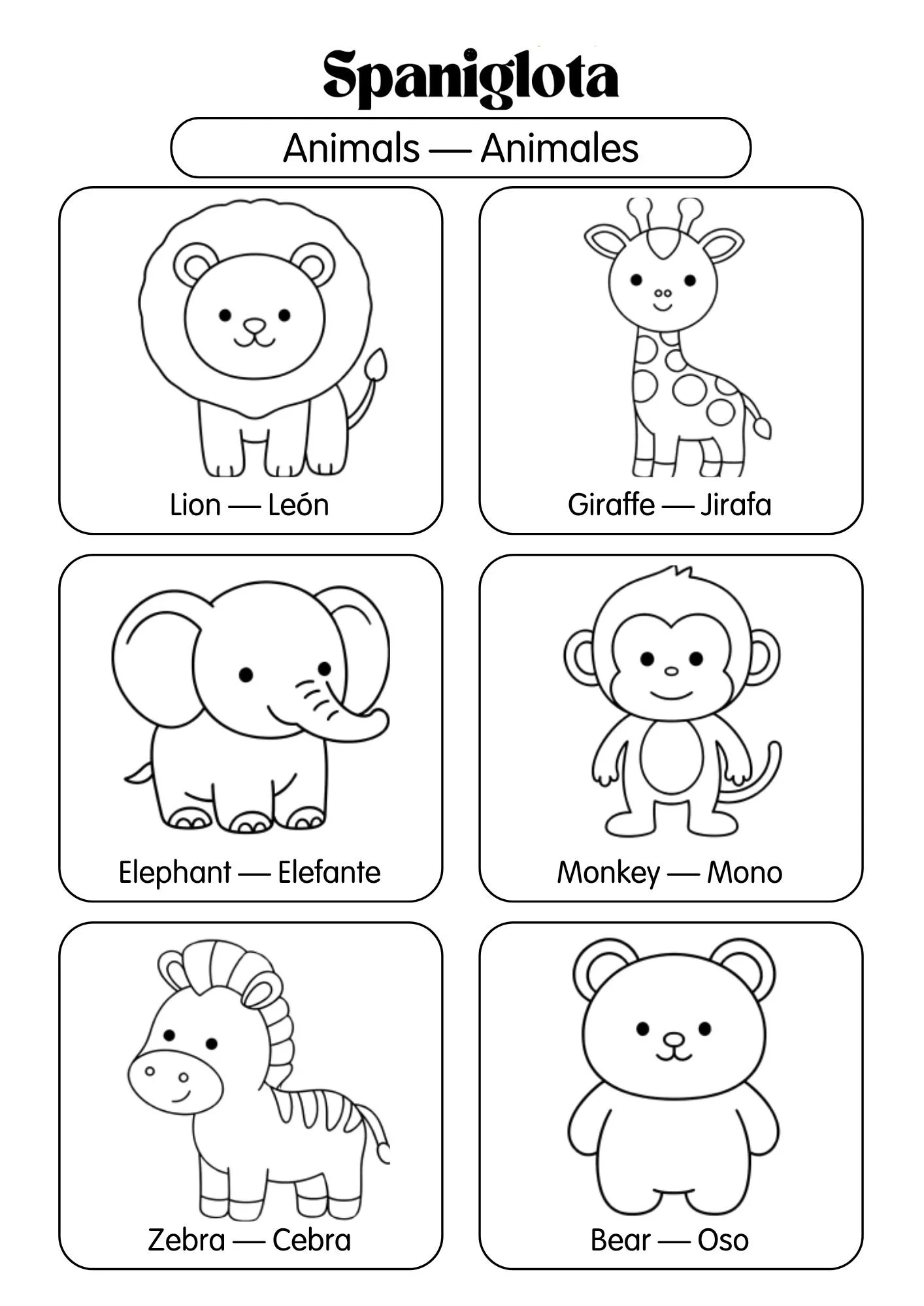 Black and white coloring page featuring animal illustrations with their names in English and Spanish. Top row shows a lion labeled 'Lion - León' and a giraffe labeled 'Giraffe - Jirafa'. Bottom row shows an elephant labeled 'Elephant - Elefante' and a monkey labeled 'Monkey - Mono'.