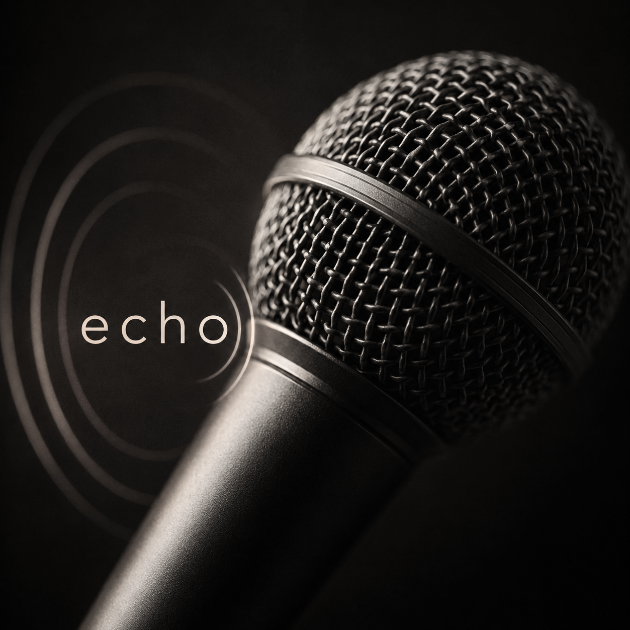 Close-up of a professional microphone with the word 'echo' overlayed on concentric circles.