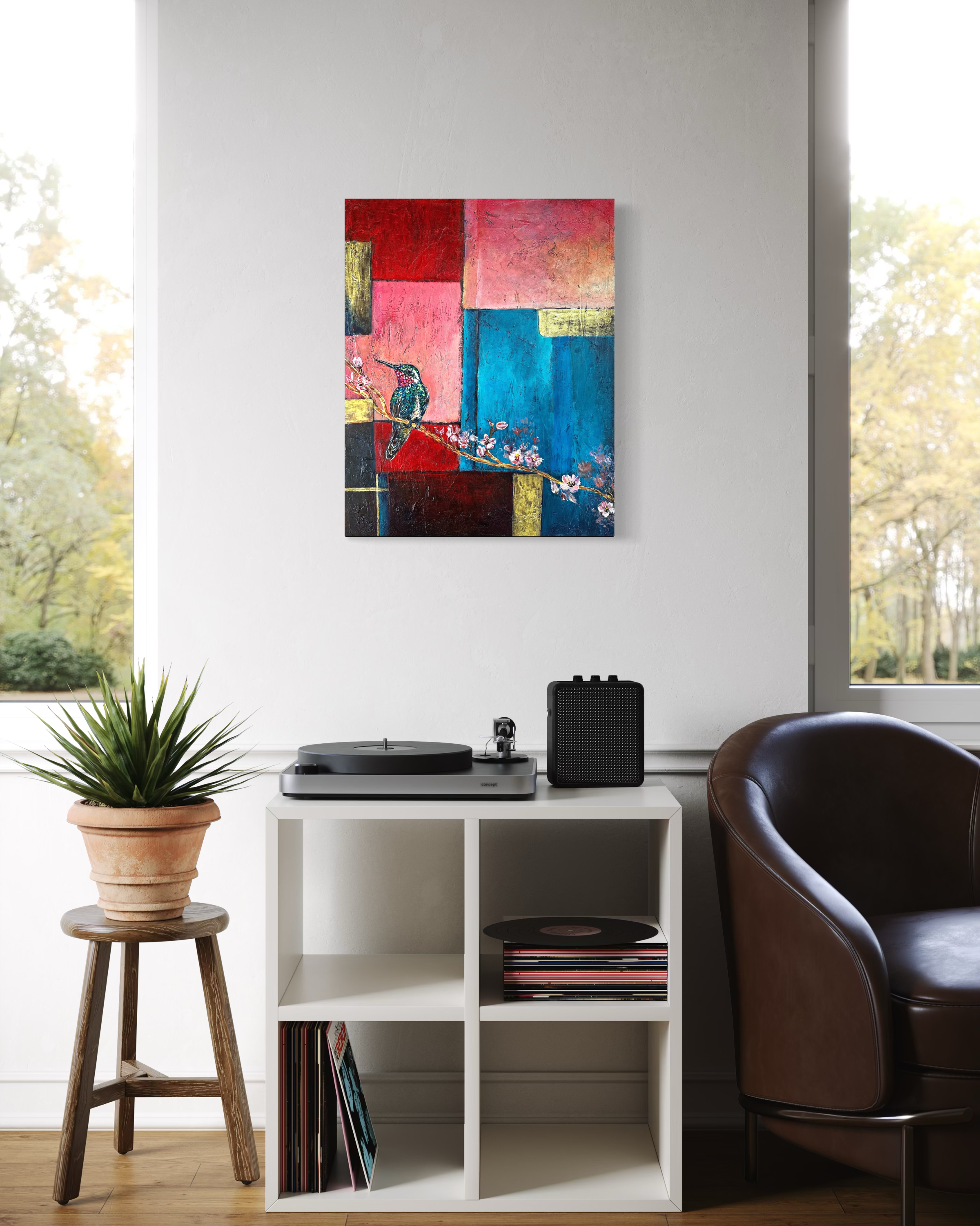 Between the Lines_original hummingbird abstract painting by artist Anitha Iyer3