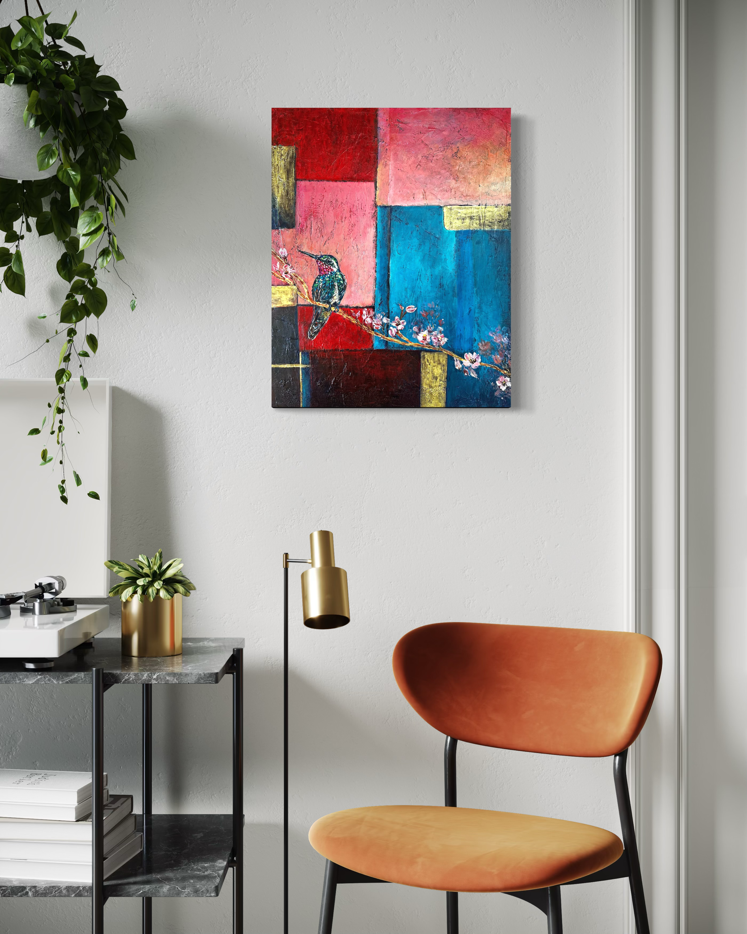 Between the Lines_original hummingbird abstract painting by artist Anitha Iyer8
