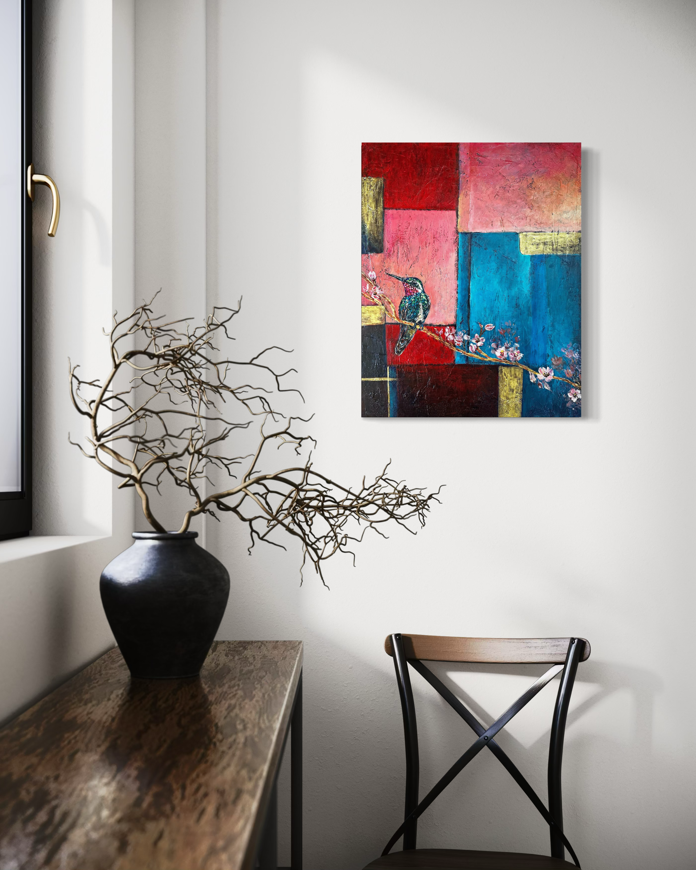 Between the Lines_original hummingbird abstract painting by artist Anitha Iyer9
