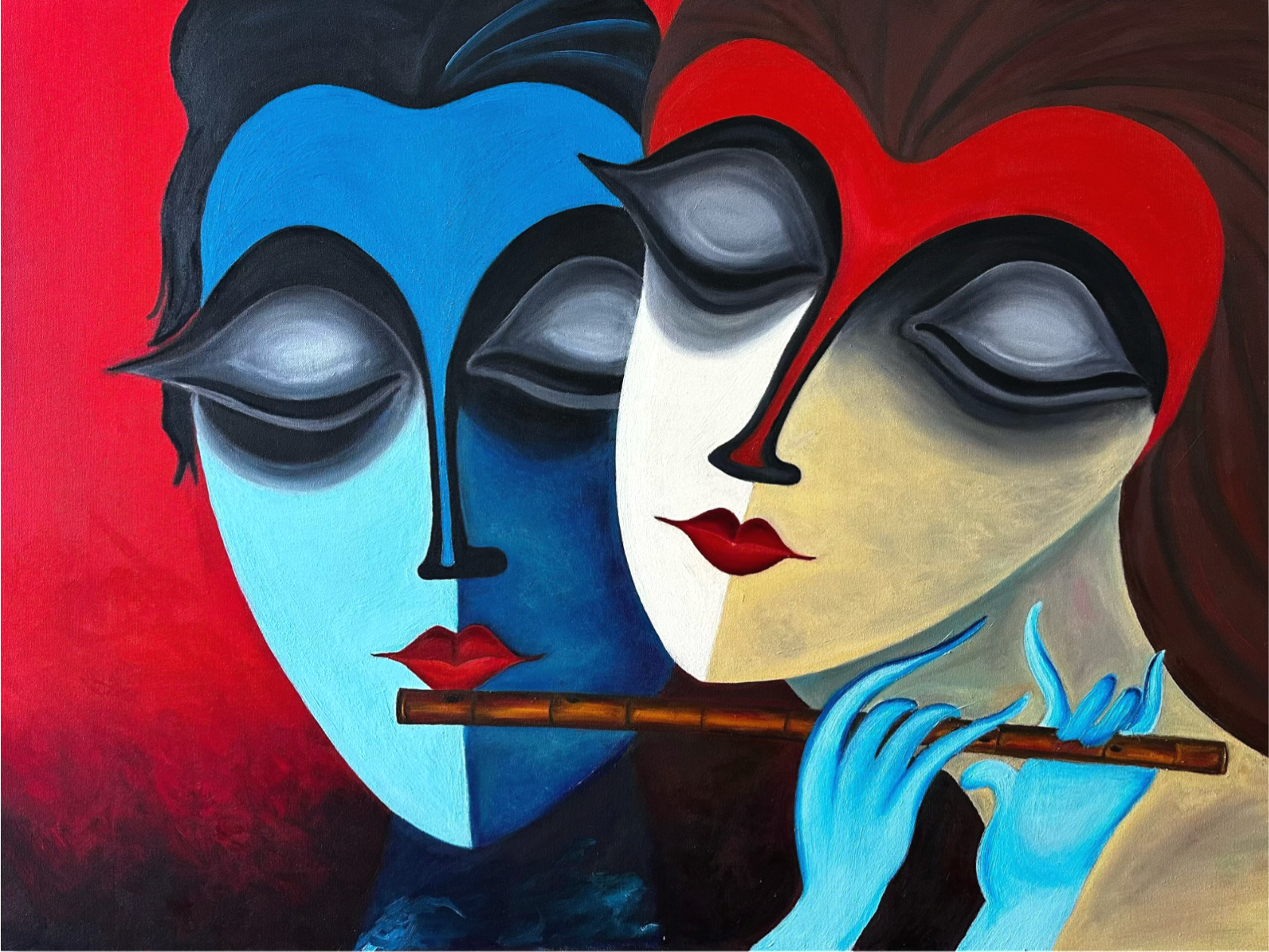 Large Expressive interpretation oil painting of Radha and Krishna, contemporary Indian art, by San Francisco artist Anitha Iyer.