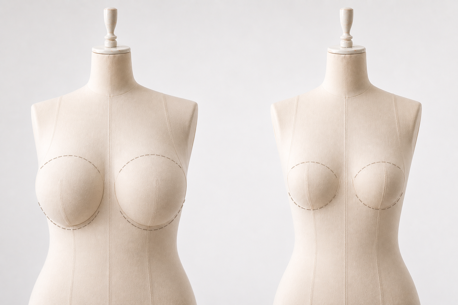 Deux mannequins en bois avec diffférentes poitrines, pour mettre en évidence le passage à une réduction mammaire