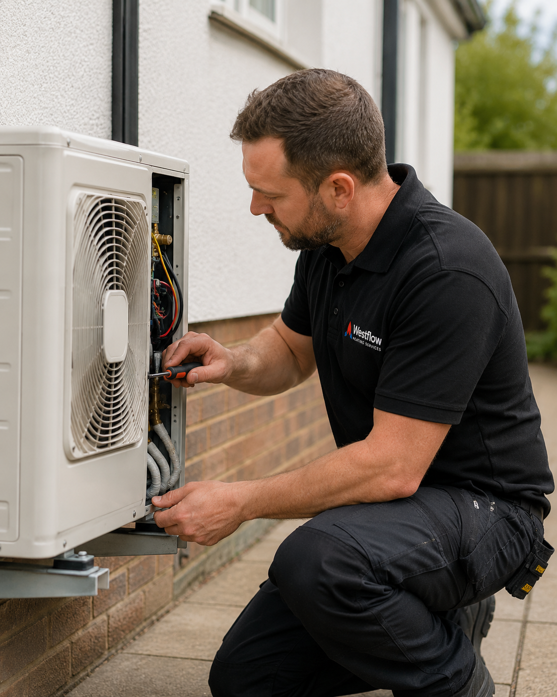 Technician repairing an outdoor air conditioning unit