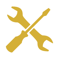 Icon of a wrench and screwdriver crossed over each other in gold color.