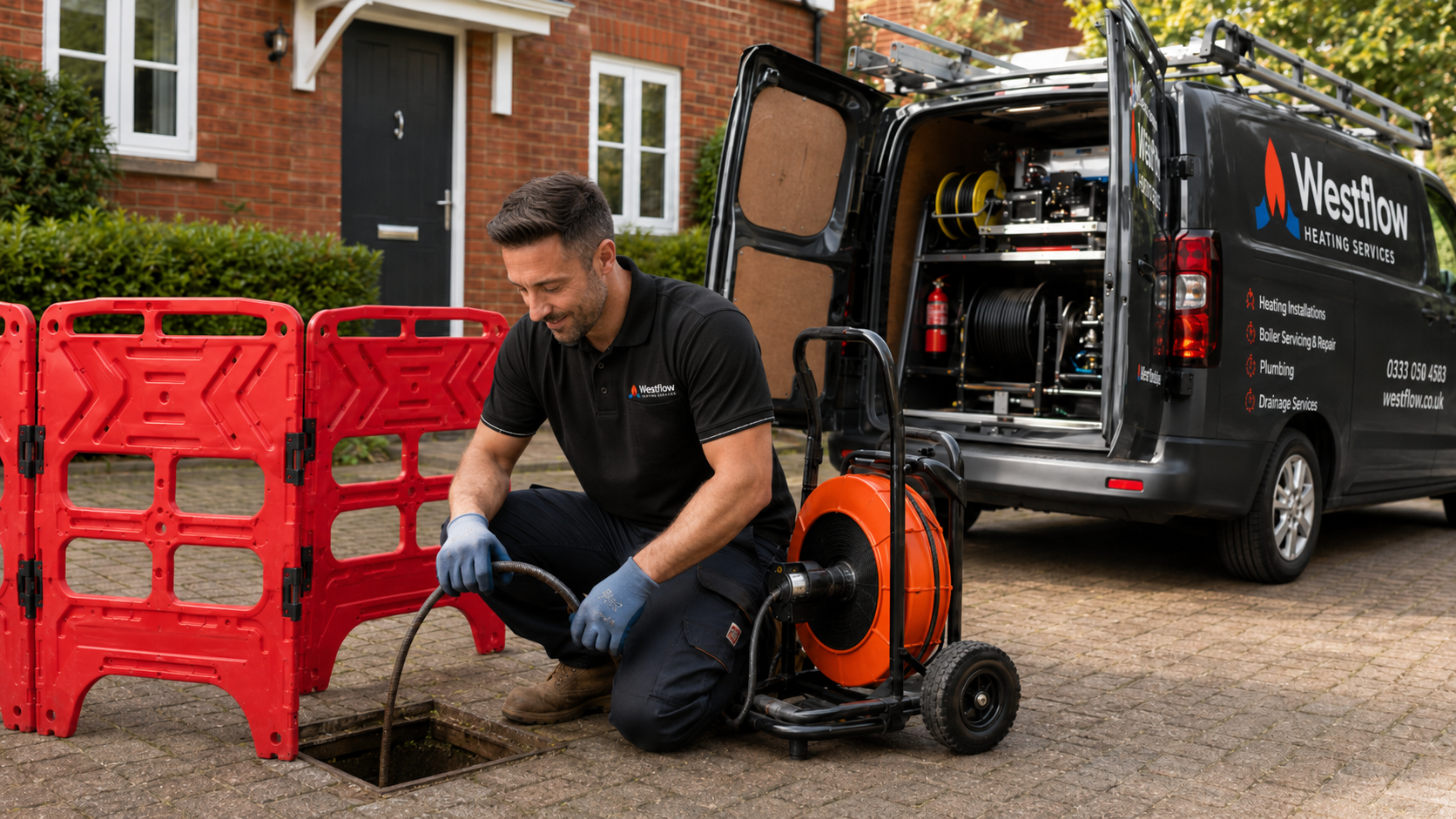 A technician working on a drainage issue outside a house, using equipment from Westflow Heating Services.