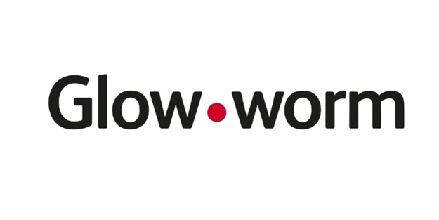 Logo featuring the word 'Glow-worm' with a red dot between the words on a dark background.